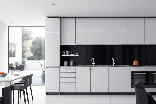 Moderna cocina blanca de lujo avanzada con líneas limpias y una mesa de comedor de diseño minimalista