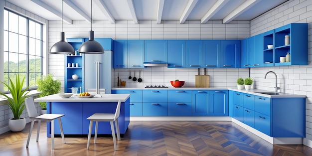 Foto moderna cocina contemporánea interior blanco y azul material nova 3d render