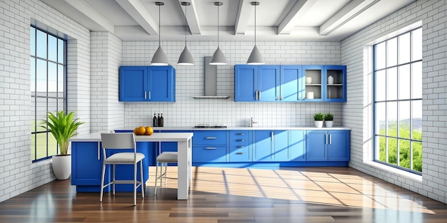 Moderna cocina contemporánea interior blanco y azul material nova 3d render