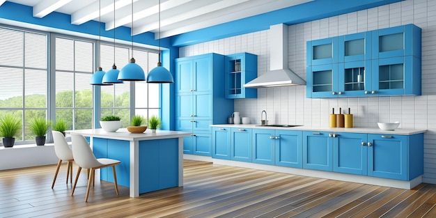 Foto moderna cocina contemporánea interior blanco y azul material nova 3d render