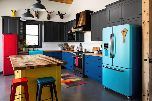 Moderna cocina estilo casa de campo con elegantes electrodomésticos negros, encimeras de madera y toques de colores llamativos