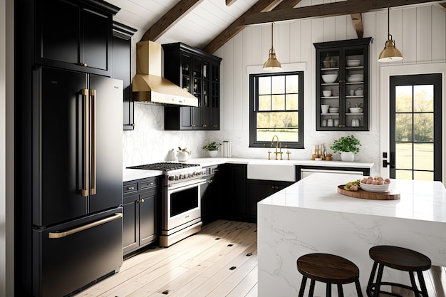 Moderna cocina estilo casa de campo con elegantes electrodomésticos negros y encimeras de mármol blanco