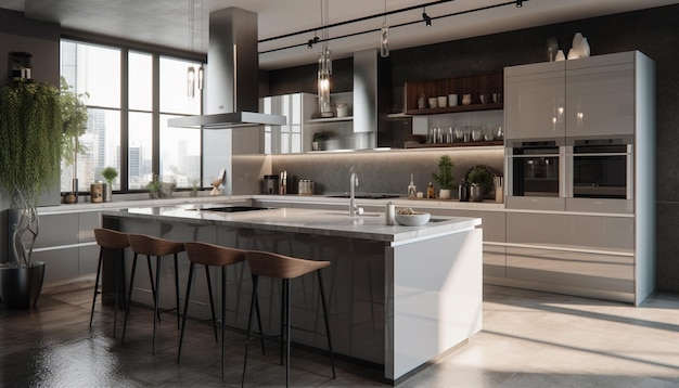 Moderna cocina de lujo con elegante isla de mármol y electrodomésticos de acero inoxidable generados por IA