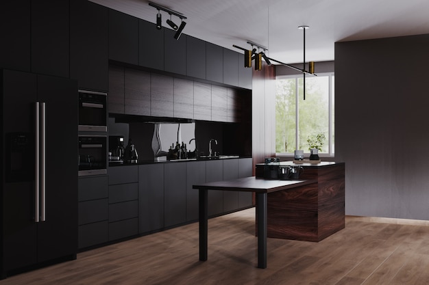 Moderna cocina oscura y comedor interior con muebles y utensilios de cocina.