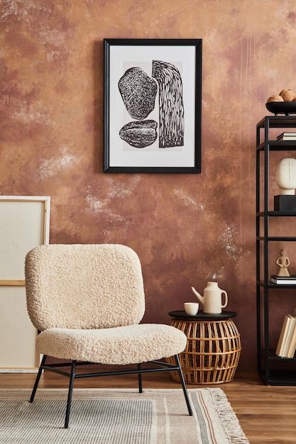 Moderna composición interior de la sala de estar con marco de póster simulado, sillón frote, estante de metal y elegantes accesorios para el hogar Papel pintado creativo Plantilla de puesta en escena en el hogar Espacio de copia