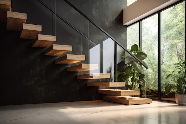 Moderna y elegante escalera en voladizo de madera en forma de L con escalera con base de granito negro generada por IA