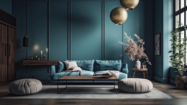 Moderna y elegante sala de estar de lujo minimalista en tonos azules Paredes azules un sofá azul una mesa de centro de madera una alfombra vintage gris y plantas otomanas enormes ventanas de piso a techo
