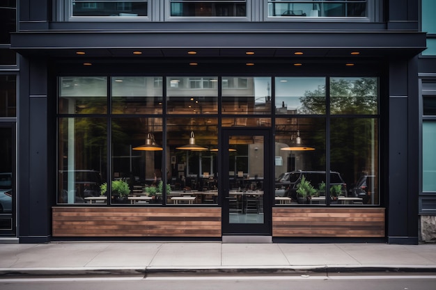 Moderna fachada de la cafetería de la tienda de hamburguesas con diseño elegante y iluminación ambiental vista frontal