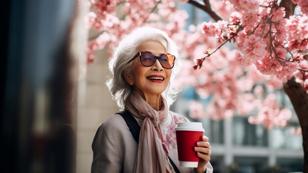 Moderna feliz anciana sonriente con una taza de café contra el telón de fondo de las flores de cerezo rosas