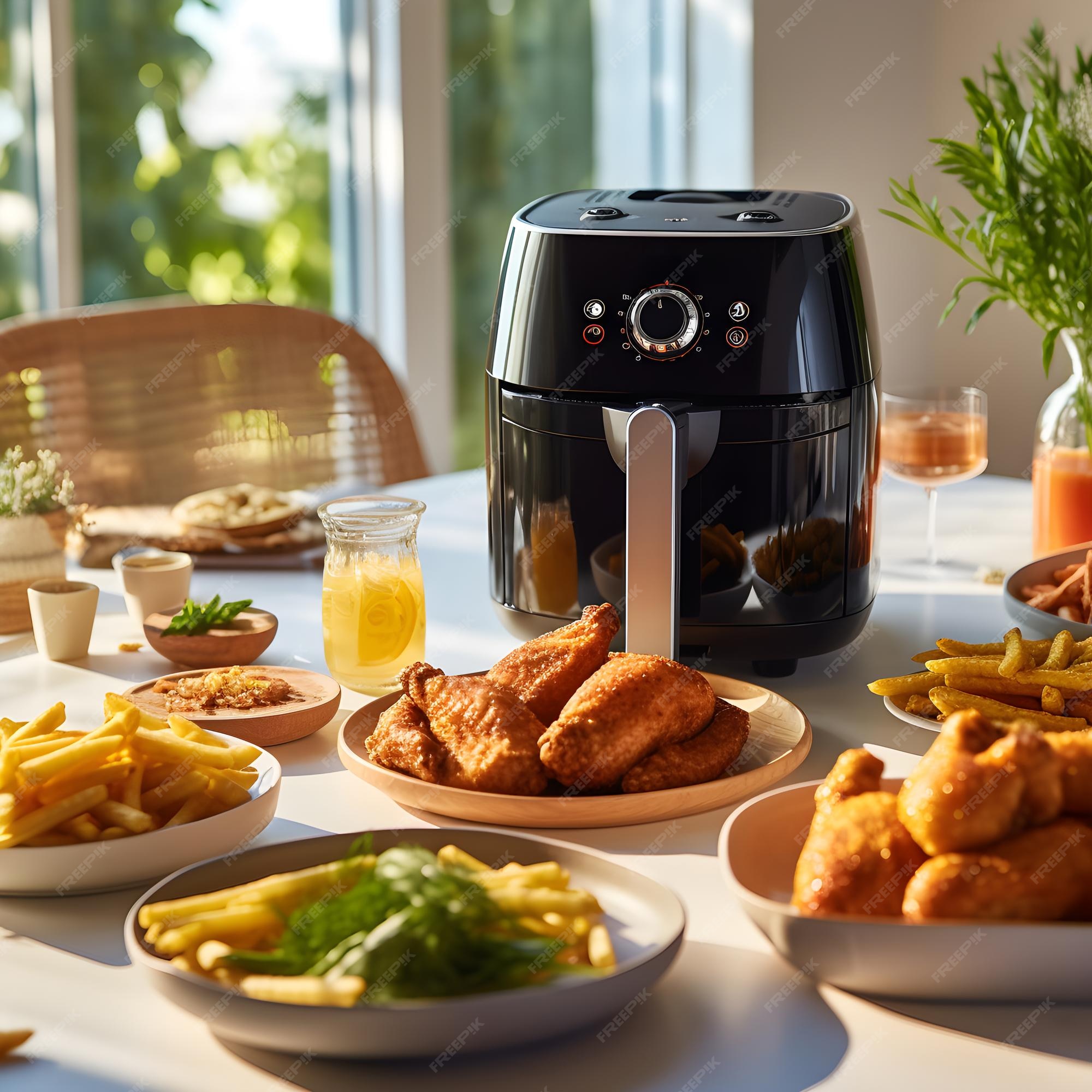 Una moderna freidora eléctrica con nuggets de pollo frito, papas fritas y  ensalada en una mesa blanca ai generative