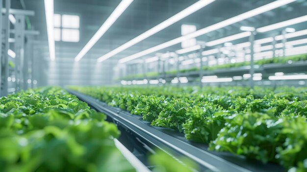 una moderna granja de acuicultura vertical cubierta que incluye filas de plantas verdes y vegetales