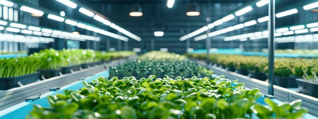 una moderna granja de acuicultura vertical cubierta que incluye filas de plantas verdes y vegetales