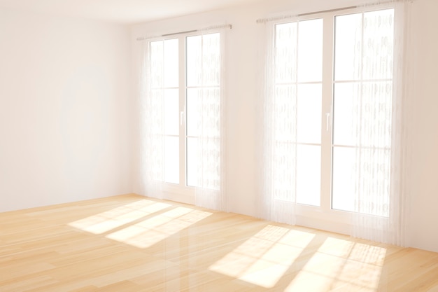 Moderna habitación blanca vacía con cortinas