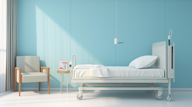 Moderna habitación de hospital con cama y silla vacías