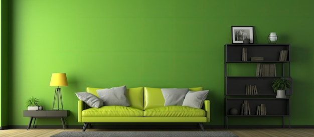 Moderna habitación interior con un sofá, lámpara de pie, estantes, alfombra sobre un piso de madera negra y un marco vacío en una pared verde