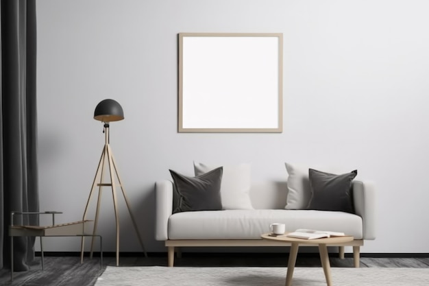 Moderna habitación minimalista con una imagen enmarcada que cuelga directamente de la pared