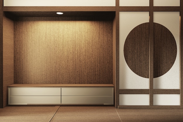 Moderna habitación tranquila zen. estilo japonés con diseño de pared de estante luz oculta y decoración estilo japonés representación 3D