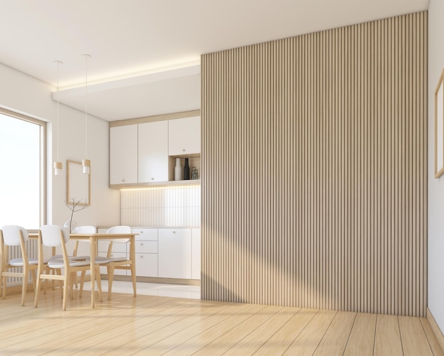 Moderna habitación vacía de estilo japonés decorada con cocina minimalista y mesa de comedor con pared de listones de madera y piso de madera con renderizado 3d