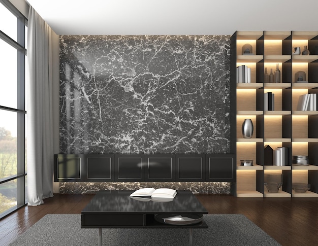 Moderna habitación vacía de lujo con mueble de televisión y estantería, pared de mármol negro y suelo de madera, renderizado 3d