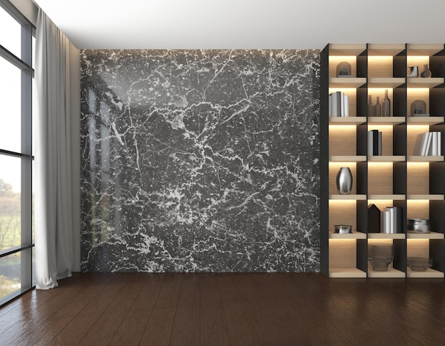 Moderna habitación vacía de lujo con paredes de mármol negro y estantería de renderizado 3d