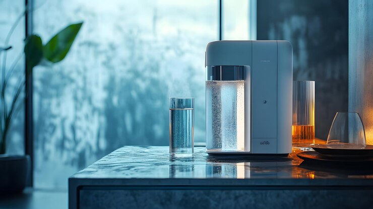 La moderna máquina de carbonatación del agua en un mostrador de la cocina