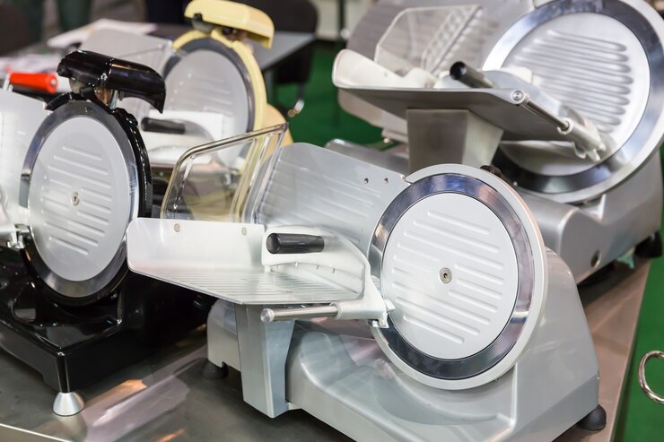 Foto moderna máquina para cortar queso y salchicha en el mercado