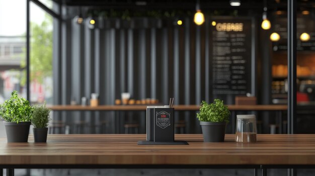 Moderna mesa de café con plantas y soporte de menú