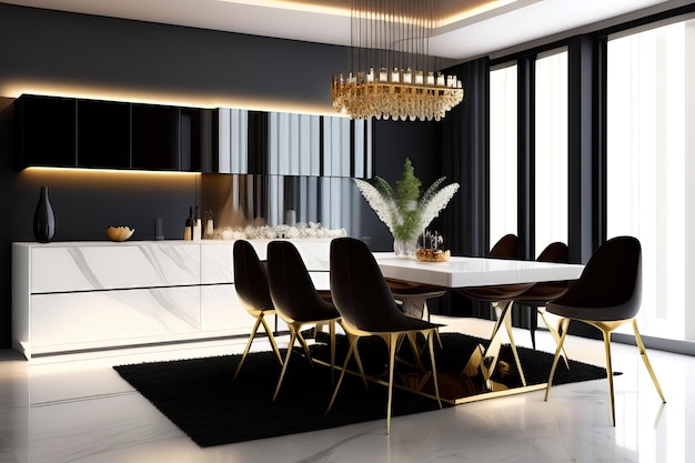 Moderna mesa de jantar preta de luxo com mesa branca e cadeira no armário de cozinha marrom