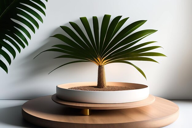 Moderna y minimalista bandeja de podio de madera redonda sobre una palmera de mesa blanca a la luz del sol, sombra de hojas en la pared