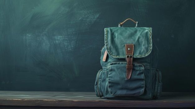 Moderna mochila gris con cremalleras y correas marrones ideal para la escuela o el viaje ubicada en un fondo turquesa oscuro en una superficie de madera