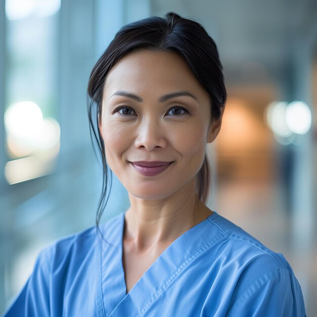 Foto moderna mujer asiática médico en scrubs sonriendo ligeramente tiro en la cabeza en el hospital moderno blanco y azul