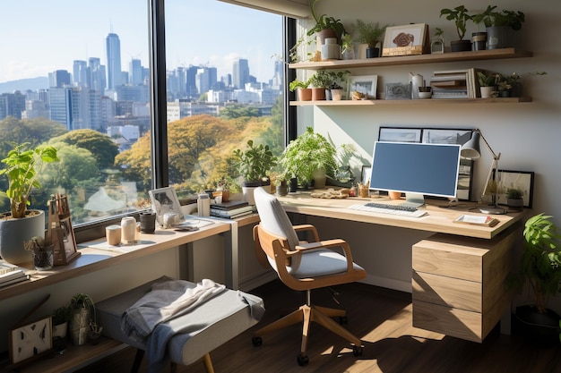 Moderna oficina en casa que ahorra espacio Diseño ergonómico Vista de la ciudad Plantas y configuración de monitor dual