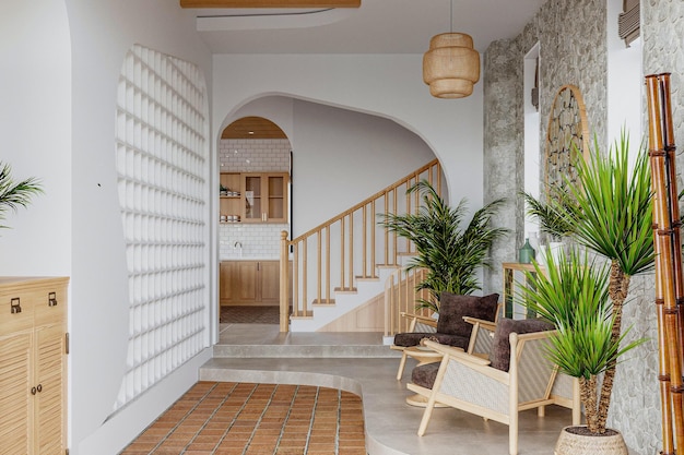 Moderna puerta de arco acogedora y escaleras con plantas de la casa