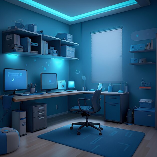 Una moderna sala para autónomos llena de dispositivos de última tecnología iluminada por una suave luz azul.