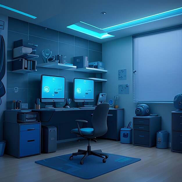 Una moderna sala para autónomos llena de dispositivos de última tecnología iluminada por una suave luz azul.