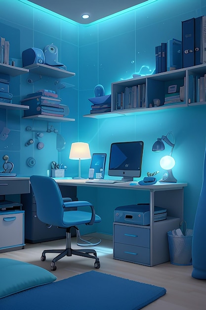 Foto una moderna sala para autónomos llena de dispositivos de última tecnología iluminada por una suave luz azul.