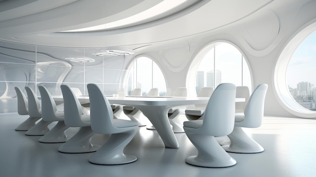 moderna sala de conferências com espaço de trabalho de escritório branco estilo futurista para reunião de equipe