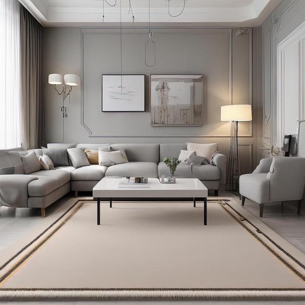 moderna sala de estar branca com sofá, carpete e piso em parquet design fundo design de interiores co