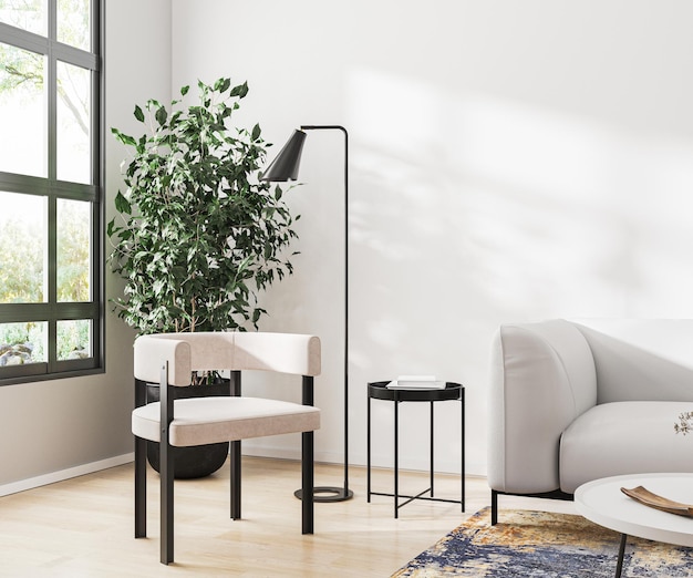 Moderna sala de estar com poltrona de móveis perto da janela com renderização em 3d de vista da floresta