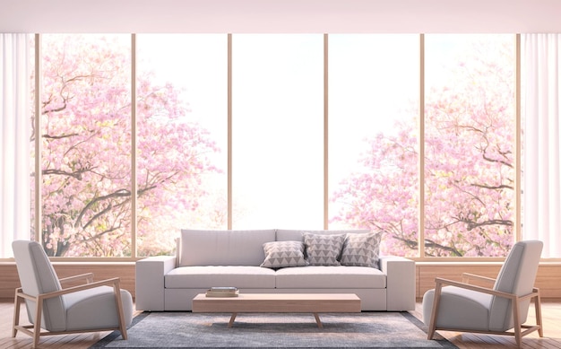Moderna sala de estar decorar o quarto com madeira 3d render grande janela com vista para flores cor de rosa