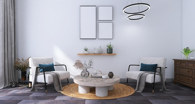 Moderna Sala de Estar Design de Interiores com Sofá Mesa Redonda Fundo Branco Moldura de Fotos