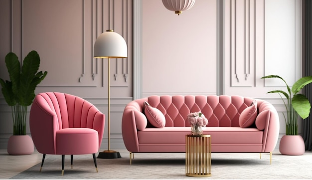 Moderna sala de estar design de interiores um sofá rosa e poltrona em fundo branco vazio Generative AI