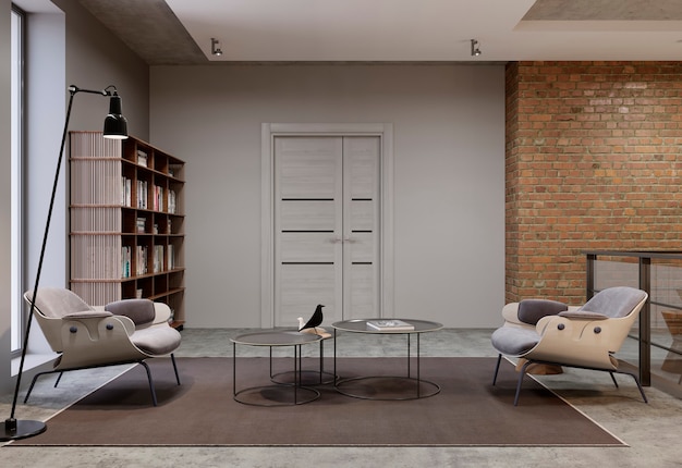 Moderna sala de estar e estante, móveis de biblioteca com livros. renderização 3d
