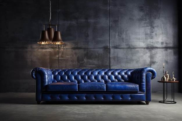 Moderna sala de estar luxuoso design de interiores mock-up com sofá azul escuro