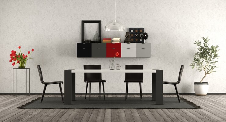 Foto moderna sala de jantar com móveis preto e branco