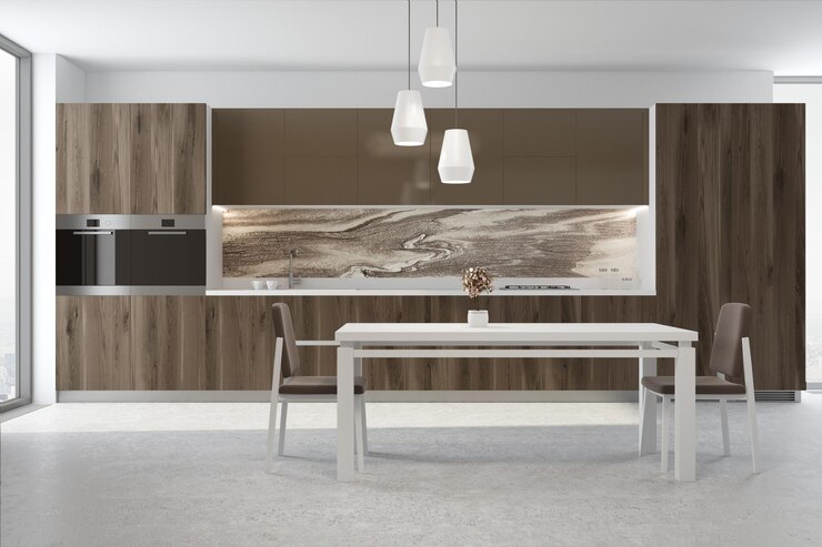 Foto moderna sala de jantar e interior da cozinha com paredes marrons e mármore, bancadas de madeira e uma longa mesa com cadeiras. simulação de renderização 3d