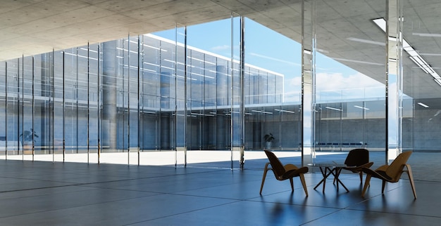 Moderna sala de espera para invitados de edificios comerciales con paredes de vidrio