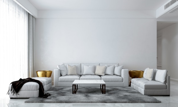 La moderna sala de estar y la acogedora decoración de muebles simulados y el fondo de la pared blanca