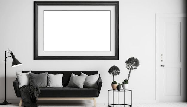 Moderna sala de estar amueblada con marco simulado en la pared IA generativa