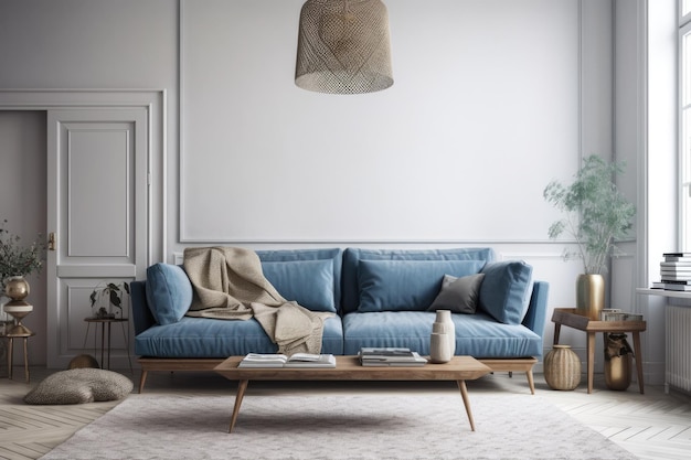 Moderna sala de estar azul con un cómodo sofá y una elegante mesa de centro IA generativa
